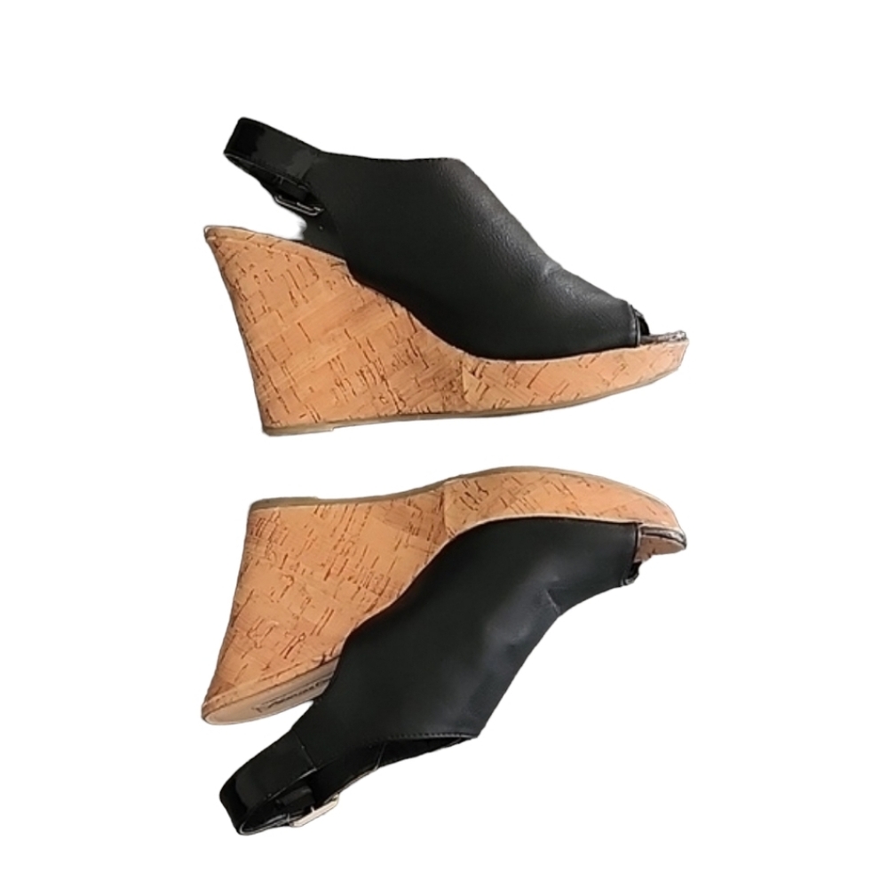 AEO AMERICAN EAGLE Slingback Cork Wedge Sandals 8.5 Pebbled Black Vegan Leather - Picture 8 of 16